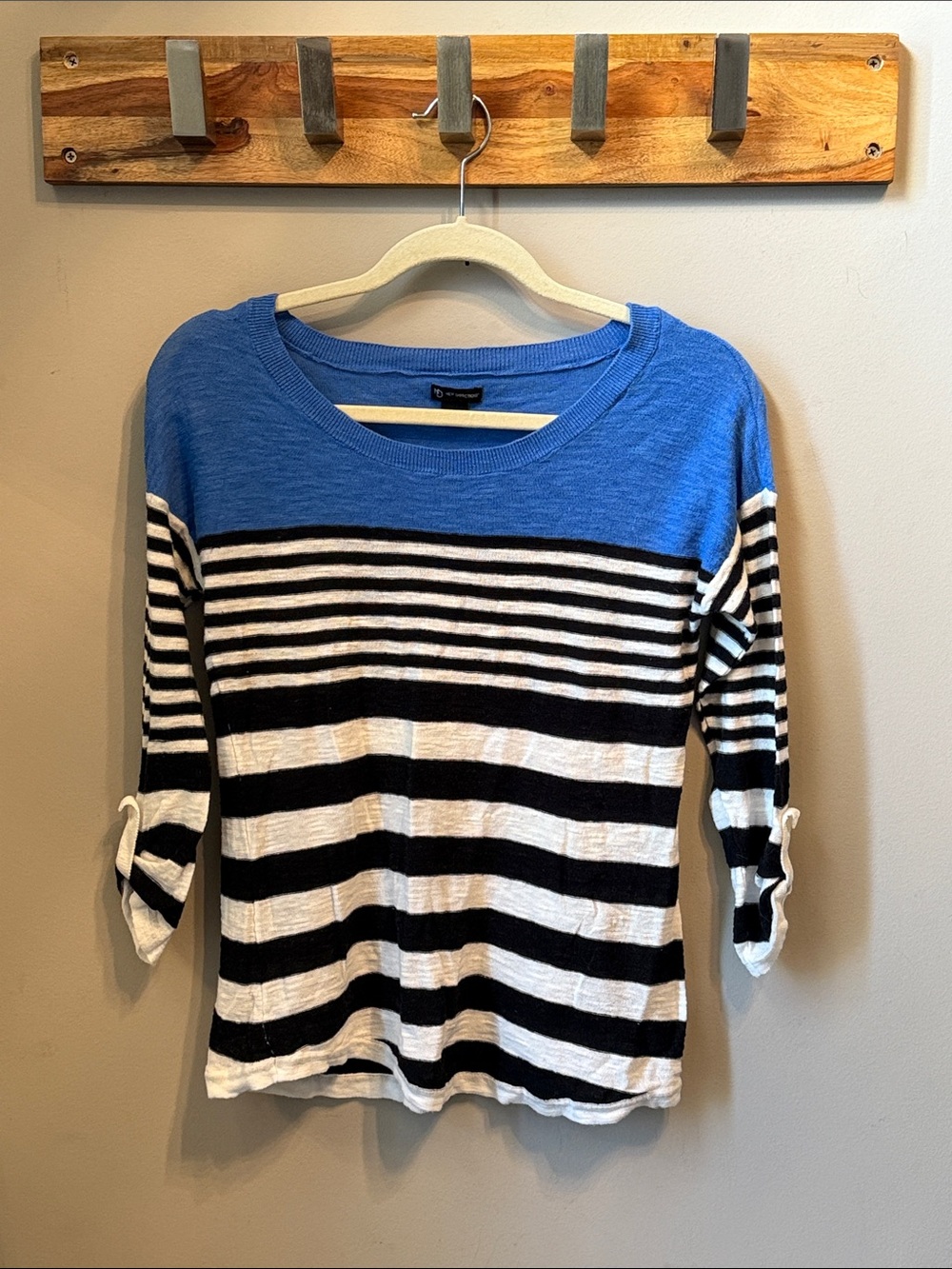 New Directions - Blue, Black and White Striped Roll-Tab Quarter Sleeve Top